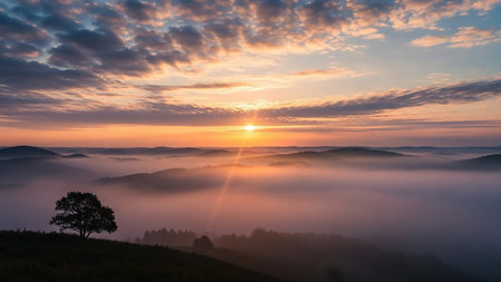 A sunrise illuminates rolling hills shrouded in mist, with a single tree silhouetted against a vibrant orange and pink sky.の素材