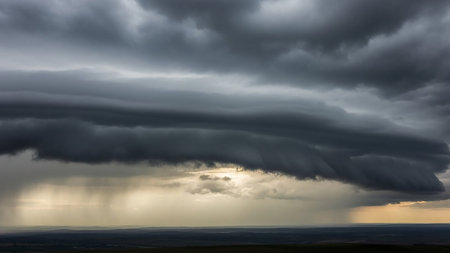 Ominous dark storm clouds dominate the sky over a vast landscape, with visible rain shafts and a faint glimmer of light breaking through.の素材