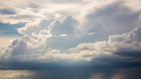 Distance showing dramatic cumulonimbus clouds illuminated by sunlight with a hint of rain falling in the distance creating a moody and sky scene. resolution...の素材