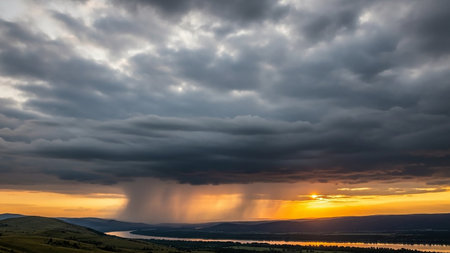 A dramatic sunset over a river valley as heavy rain showers fall from dark storm clouds, with golden sunlight rays breaking through the atmospheric scene.の素材