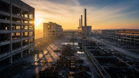 An abandoned industrial complex with decaying buildings and machinery bathed in the warm light of a sunset.の素材