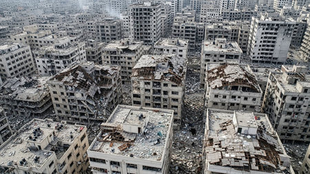 Aerial view of a city block filled with heavily damaged apartment buildings, showing collapsed roofs, broken walls, and debris covering the ground.の素材