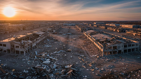 Collapsed showing aerial view of extensive urban destruction with collapsed buildings and rubble under a sunset sky. resolution use.の素材