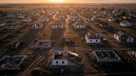 An aerial view of a destroyed village at sunset, showing damaged houses and debris scattered across the ground under warm golden light.の素材