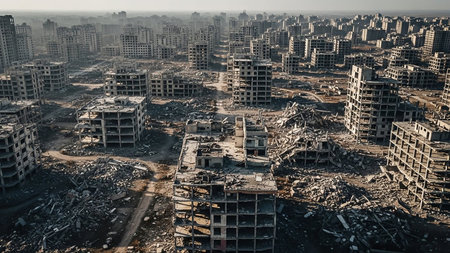 A panoramic aerial view of a destroyed city with numerous collapsed buildings and scattered debris, showcasing the aftermath of a major event.の素材