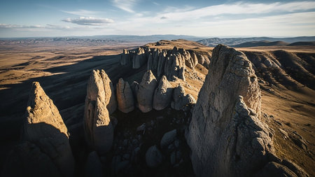 Jagged golden sandstone formations dominate the foreground, casting long shadows across an arid, vast landscape under a partly cloudy sky.の素材