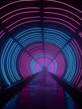 A long, dark tunnel illuminated by concentric rings of vibrant pink and blue neon lights that reflect on a wet, glossy floor, creating a sense of depth and...の素材