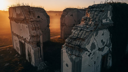 A ruined brick building with exposed rebar and crumbling plaster stands against a misty sunrise sky with warm orange and yellow hues.の素材