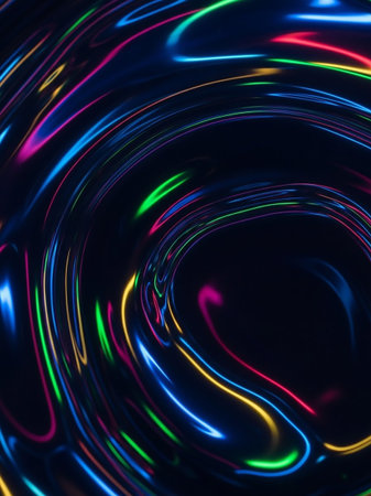 A dark background filled with swirling trails of vibrant neon light in electric blue, pink, green, and yellow, creating a sense of dynamic motion and energy.の素材