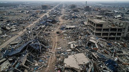 An aerial view of a vast urban area completely destroyed with buildings in ruins and debris covering the ground under a hazy sky.の素材