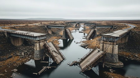 Dark showing multiple collapsed and damaged bridges over a dark river in a desolate landscape under an overcast sky. resolution use.の素材