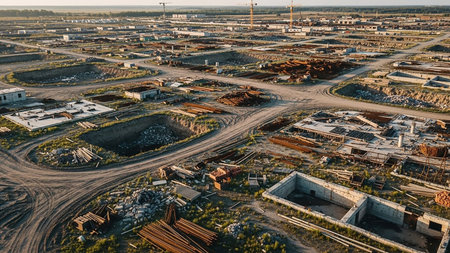 Industrial showing extensive construction site with foundation pits, rebar, and building spread across a large area under a clear sky keywords: construction, site,...の素材