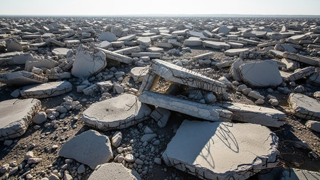 Pile showing pile of broken concrete slabs and rebar debris scattered across a barren ground under a clear sky. resolution use.の素材
