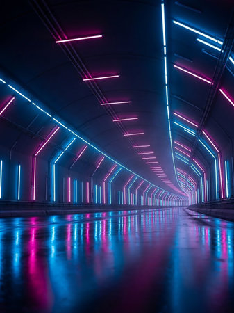 Lights showing futuristic neon-lit tunnel with glowing blue and pink vertical lights reflecting on a wet polished floor creating an atmospheric cyberpunk corridor....の素材