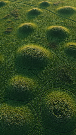 An aerial view reveals a vibrant green field dotted with perfectly circular, raised mounds, forming a unique and intriguing natural pattern.の素材