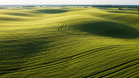 Landscape showing aerial view of rolling green agricultural fields with tractor tire tracks creating swirling patterns across the landscape keywords: aerial view,...の素材