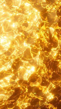 An abstract close-up of a golden water surface with bright, shimmering light reflections creating a dynamic and luminous textured pattern.の素材