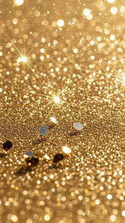 Shimmering showing close up macro shot of sparkling golden glitter with bright starburst highlights and scattered reflective fragments creating a festive and...の素材
