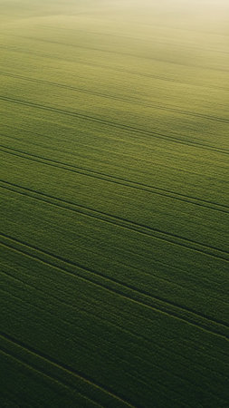 (1964) showing close-up aerial view of a vast green agricultural field with distinct parallel rows and tire tracks creating a textured pattern of light and shadow...の素材