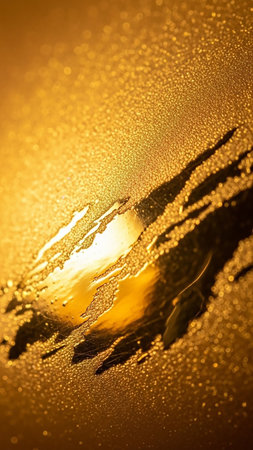 Abstract golden textured surface with irregular patterns of light and shadow, resembling frost or frozen droplets on a window.の素材