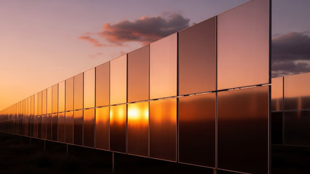 A long line of highly reflective solar panels at sunset, mirroring the vivid orange and pink sky and the bright sun, creating a striking visual.の素材