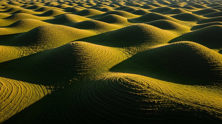 Remote showing abstract rolling green hills with textured patterns created by cultivation lines illuminated by warm golden hour sunlight casting deep shadows across...の素材