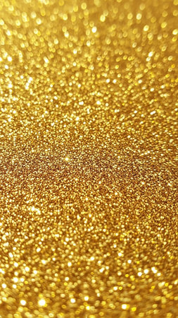 A close-up view of densely packed golden glitter particles creating a sparkling, textured background with soft bokeh highlights.の素材