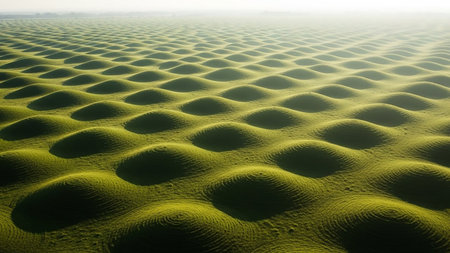 An aerial shot captures an expansive green field covered in a uniform, repeating pattern of smooth, rounded humps creating a surreal, undulating topography.の素材