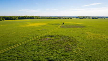 Dirt showing aerial view of a lush green meadow with yellow wildflowers and a winding dirt track leading towards a distant tree line under a clear blue sky.の素材