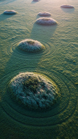 Circular patterns surround frost-covered grass mounds in a green field, with long shadows from the low morning sun.の素材