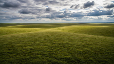 Vast, undulating green hills stretch towards the horizon under a dramatic sky with sunlight breaking through dark, textured clouds.の素材