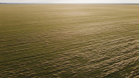 A wide, flat field of green and golden grass exhibits subtle horizontal textures stretching towards a distant, unbroken horizon under a bright sky.の素材