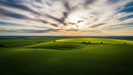 Parks/ showing expansive aerial view of rolling green hills and a vibrant yellow field under a dramatic cloudy sky with the sun setting or rising keywords: aerial...の素材