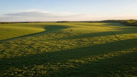 Gently sloping green fields are bathed in warm sunlight, casting long shadows and accentuating the textured surface of the landscape.の素材