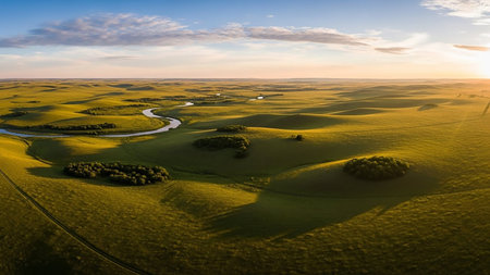 A panoramic aerial view captures rolling golden hills and a winding river illuminated by sunset light, casting long shadows and revealing the undulating texture of...の素材