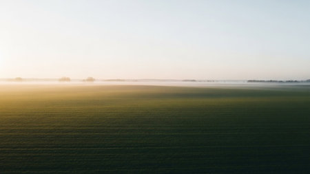 A tranquil aerial perspective of a vast, dark green agricultural field partially obscured by a soft, low-lying mist at sunrise.の素材