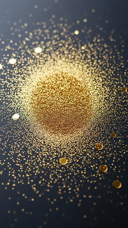 Abstract showing scattered gold glitter and round sequins on a dark blue textured background creating a sparkling and festive abstract pattern keywords: glitter,...の素材