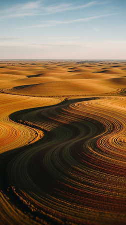 A sweeping aerial view captures vast golden agricultural fields with sinuous curved patterns of ploughed earth and harvested crops under a clear sky.の素材