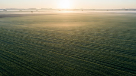 showing vast green field with rows of crops under a soft, misty morning sky with sunlight breaking through. resolution use.の素材