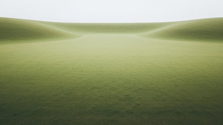 A minimalist landscape featuring smooth, rolling green hills and a gently undulating grassy field under a soft, overcast sky, creating a serene and tranquil atmosphere.の素材
