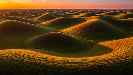 Contoured showing golden hour sunlight illuminates rolling green hills and valleys, creating a warm, undulating landscape with long shadows stretching across the...の素材