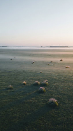 A serene misty morning landscape featuring a grassy field with scattered purple wildflowers and soft fog obscuring the distant horizon.の素材