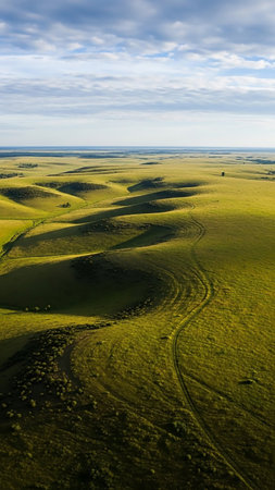 Parks/ showing rolling green hills and undulating landscape with a winding dirt track and scattered bushes under a partly cloudy sky keywords: rolling hills, green...の素材