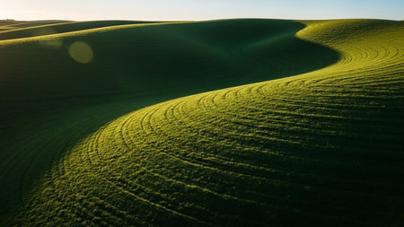 Sky showing undulating green agricultural fields with distinct curved rows of crops illuminated by soft morning or evening sunlight creating a smooth, flowing...の素材