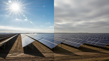 A split screen a solar farm under a bright sun with lens flare on the left, and the same farm under a dull, overcast sky on the right.の素材