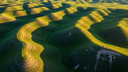 Landscape showing rolling green hills with undulating ridges and valleys bathed in golden sunlight creating dramatic shadows and contrasts in a picturesque...の素材