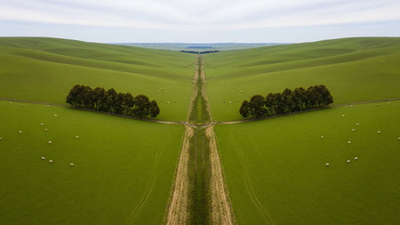 Dirt showing symmetrical rolling green hills with a central dirt track leading to a line of trees and scattered sheep under a cloudy sky. resolutionの素材