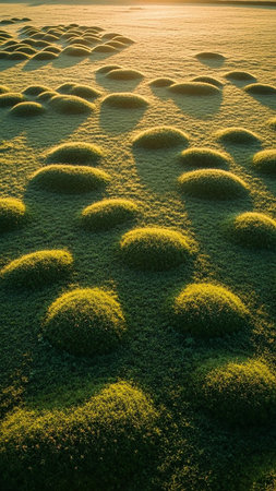 Undulating green mounds of dense grass are illuminated by warm golden sunlight, casting dramatic shadows across the textured, organic landscape.の素材