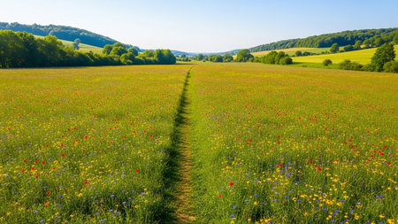 Teeming showing winding dirt path through a vibrant green meadow filled with colorful wildflowers including red poppies and blue cornflowers under a bright sunny...の素材