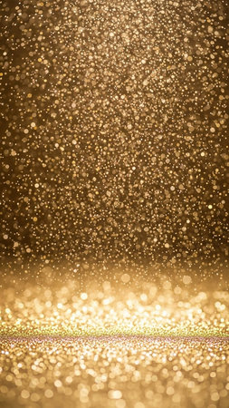 Falling showing golden glitter particles falling and accumulating on a shiny golden surface creating a bokeh effect and a festive sparkly background.の素材